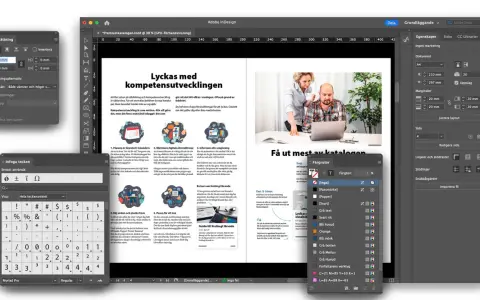 En skärmdump av Adobe InDesign som visar en tidningslayout med rubriken "Lyckas med kompetensutvecklingen". En **Indesign kurs** kan hjälpa dig att skapa liknande layouter.