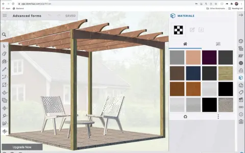 I en gratis ritprogram designas en pergola med stolar och bord. Materialpaletten visar olika träslag och färger.