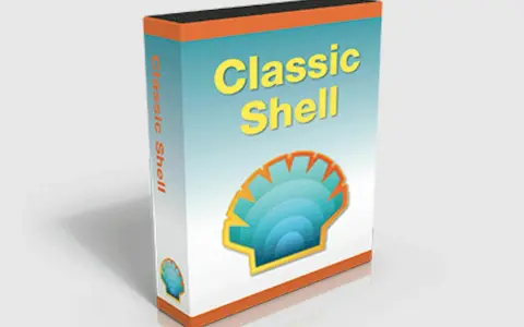 En låda med texten "Classic Shell" och en snäckskalslogotyp, perfekt för att ge ditt Windows 11 ett klassiskt utseende.