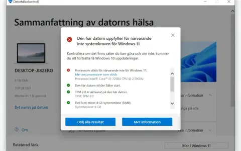 Datorhälsokontroll visar att datorn inte uppfyller kraven för Windows 11. För att kunna uppdatera datorn behöver processorn bytas.