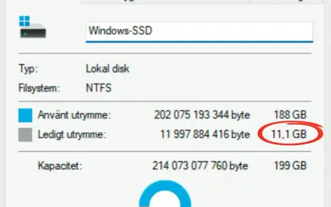 Fristående disk "Windows-SSD" visar 11,1 GB ledigt utrymme, vilket kan vara en utmaning för en windows 11 upgrade.