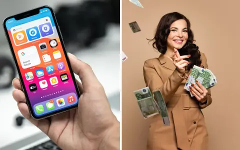 En kvinna i en affärsdräkt kastar pengar. En hand håller en iPhone med appar.