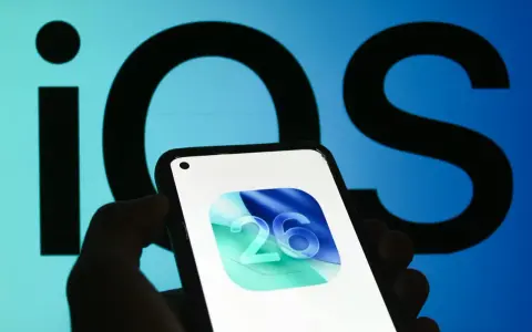 En hand håller en iPhone med ikonen för iOS 26. Bakgrunden visar en stor, suddig logotyp för iOS.