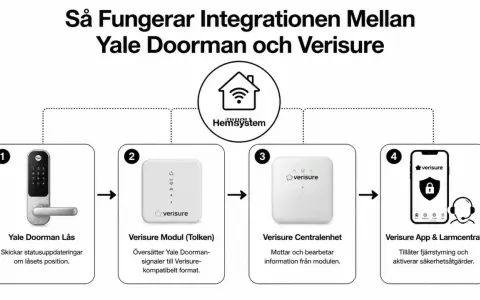 Diagram visar hur Yale Doorman integreras med Verisure. Yale Doorman skickar signaler via en modul till Verisure Centralenhet, som sedan hanteras av Verisure App & Larmcentral för fjärrstyrning.