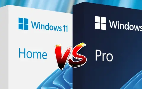Jämförelse av Windows 11 Home vs Pro. Två förpackningar med Windows 11, en vit för Home och en mörkblå för Pro, står mot varandra.