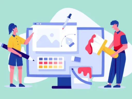 Två personer skapar digital konst med ett grafisk design program gratis. En med penna, en med pensel.