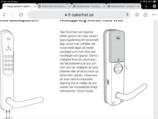 Illustration av ett Yale lås, visar hur man öppnar det inifrån vid strömavbrott, och ger tips om att byta batteri.