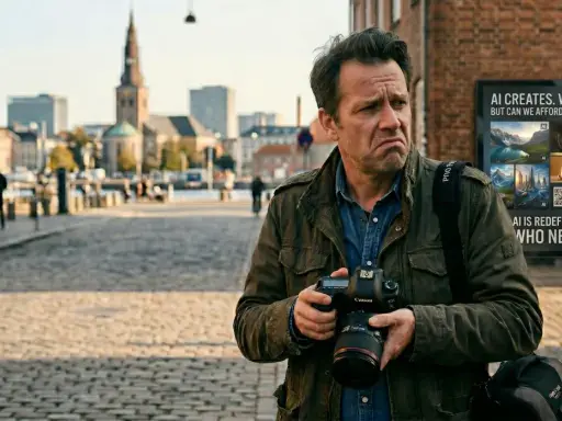 Fotograf med kamera funderar på AI:s roll i att fixa bilder. Stadsbild i bakgrunden.