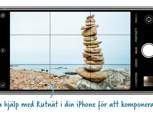 En iPhone-kamera visar en stenhög vid havet. Rutnätet hjälper till att komponera bilden, så att du kan undvika att dina bilder blir lite blurra bilder iphone.