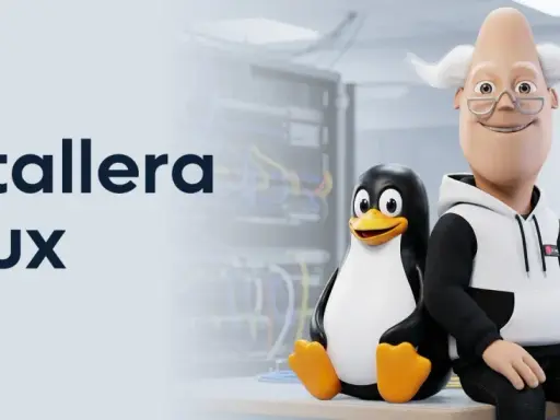 En glad gubbe och pingvinen Tux bredvid texten "Installera Linux" i en serverhall.