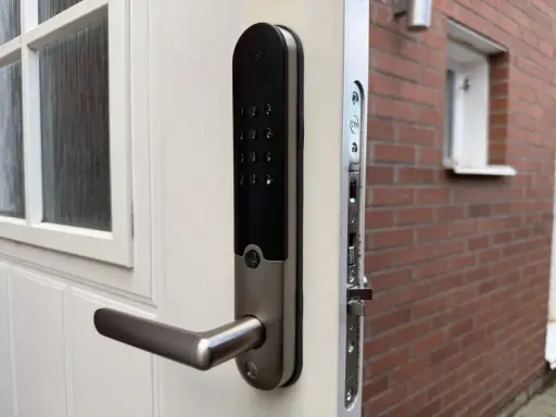 Ett Yale Doorman larmar mitt i natten. Dörren är vit med ett fönster och ett modernt lås.