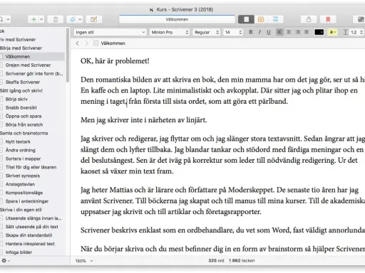 I Scrivener svenska, en textredigerare, visas en kurs om att skriva. En författare delar med sig av sina erfarenheter.