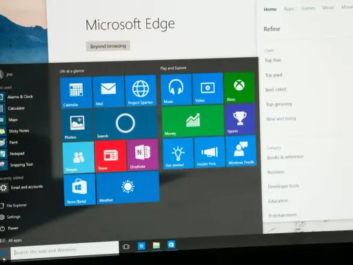 Windows startmeny med appar som Kalender, Mail, Musik och Xbox. Sökfältet visar "Sök the web and Windows".