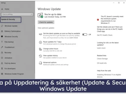 Inställningar för Windows Update. Här kan du se hur uppdaterar man Chrome genom att klicka på "Uppdatering & säkerhet" och sedan "Windows Update".