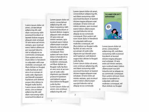 Sidor i InDesign med lorem ipsum-text och en bokomslagstitel "Tio knep för ditt skrivande".