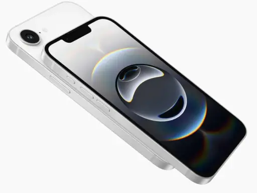 En vit iPhone 16 e med en abstrakt bakgrundsbild på skärmen.