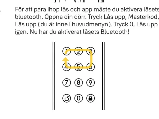 Instruktioner för att aktivera Bluetooth på låset. En gul linje visar mönstret 1-2-3-6-5-4 för att undvika att mata in yale fel kod för många gånger.