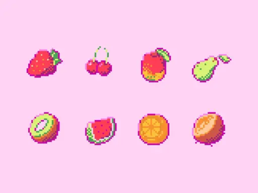 Söta pixel bilder av frukt: jordgubbe, körsbär, äpple, päron, kiwi, vattenmelon, apelsin och persika.