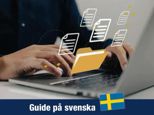 Händer som arbetar på en laptop med en gul mapp och dokumentikoner som flyger runt. En hemlig mapp kan vara en del av en digital organisation.