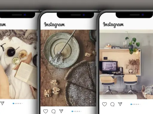 Tre telefoner visar Instagram-flöden: en med fötter i sockor, en med bakverk och en med hemmakontor. Perfekt för att skapa nytt Instagramkonto.