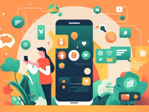 En person interagerar med en stor smartphone, omgiven av ikoner som symboliserar sociala medier och kommunikation. En illustration som visar hur man kan skapa en app.