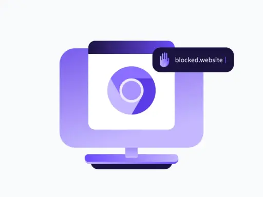 En datorskärm med Chrome-logotypen och en textruta som säger "blocked.website". Detta illustrerar hur man kan blockera hemsidor i Chrome.