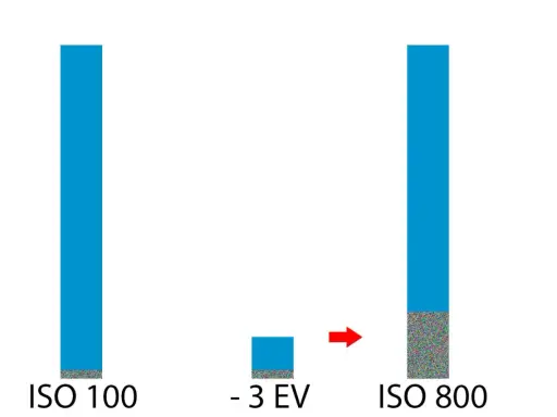 Visar hur brus ökar med högre iso kamera inställningar. Från ISO 100 till ISO 800, med en minskning på -3 EV, syns mer kornighet.
