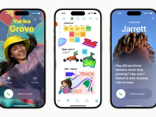 Tre iPhones visar nya funktioner i senaste iOS: en inkommande samtalsskärm med bild, en schemalagd projektplan och ett röstmeddelande.