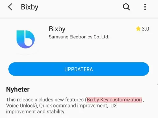 Bixby-appen uppdateras med nya funktioner som Bixby Key-anpassning. Svenska språket stöds.