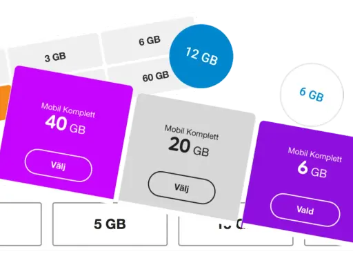 Mobilabonnemang med olika GB-mängder. Kanske mobildata fungerar inte och du behöver mer data? Välj 40 GB, 20 GB eller 6 GB.