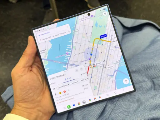En person håller en vikbar telefon med en karta över New York City. En rutt för kollektivtrafik visas, med en restid på 35 minuter. En perfekt **galaxy unpacked** för att navigera i staden.