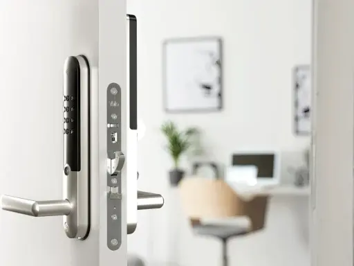 Close-up of a Yale Doorman L3 smart lock on a white door, showing the keypad and handle.