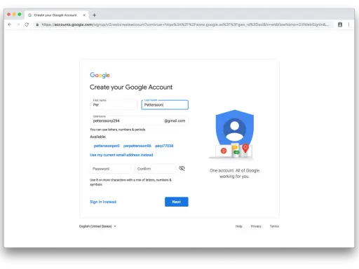 Skapa Google konto: Fyll i dina uppgifter för att skapa ett nytt Google-konto. Välj ett användarnamn och lösenord.
