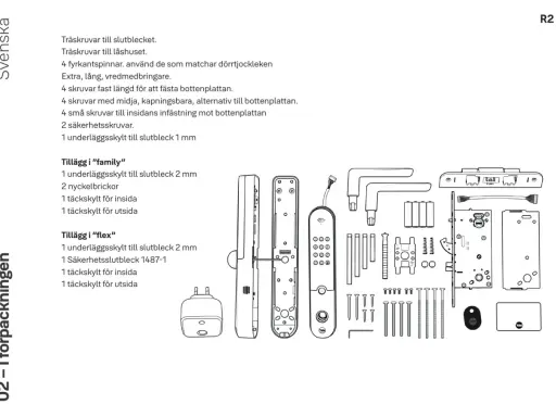 Illustrationer visar delar till Yale Doorman L3 manual, inklusive skruvar, beslag och en digital enhet.