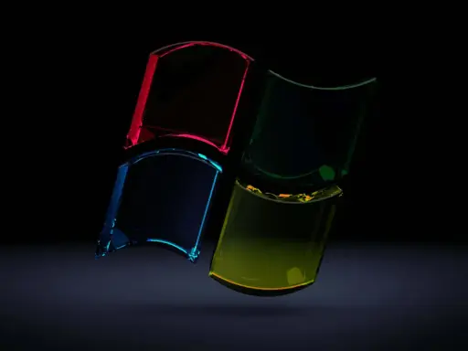 Snygga bakgrundsbilder dator: Fyrdelat Windows-logotyp i glas med lysande färger mot mörk bakgrund.
