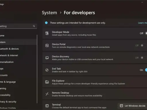 Windows-inställningar för utvecklare. Aktivera "End Task" för att snabbt tvångsavsluta program.