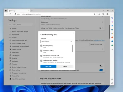Fönstret "Rensa webbhistorik" i Microsoft Edge visar alternativ för att rensa historik, cookies och cache. Perfekt för att rensa historik android.