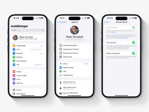 Hitta min iPhone aktiverat på tre iPhones. En visar inställningar, en visar Apple-ID och en visar inställningar för Hitta min iPhone.