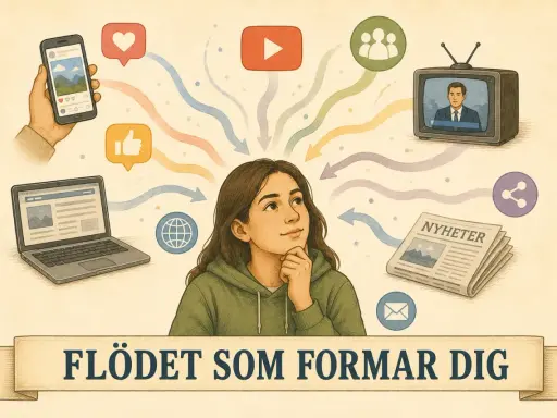 En ung person funderar över flödet av information från sociala medier, nyheter och andra källor som formar hens världsbild.