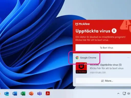 Varning från McAfee: Upptäckta virus på datorn. Google Chrome är listad. Klicka för att ta bort virus.