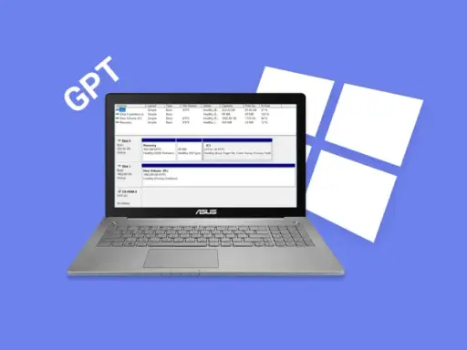 En laptop visar diskhanteringen med GPT-partitionering.