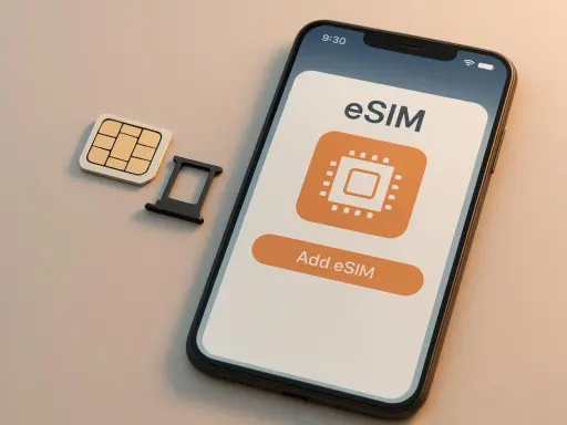En smartphone visar "Add eSIM" bredvid ett traditionellt SIM-kort och dess hållare.