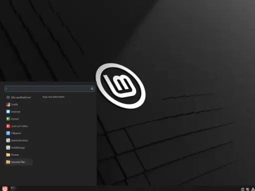 Linux Mint svenska med en meny för applikationer, grafik, internet och mer.