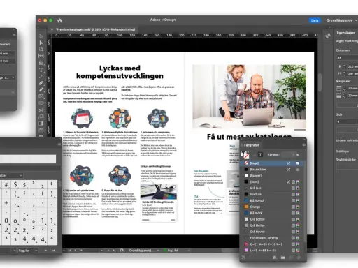 En skärmdump av Adobe InDesign som visar en tidningslayout med rubriken "Lyckas med kompetensutvecklingen". En **Indesign kurs** kan hjälpa dig att skapa liknande layouter.