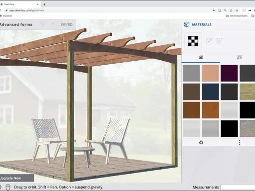 I en gratis ritprogram designas en pergola med stolar och bord. Materialpaletten visar olika träslag och färger.