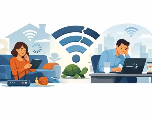 Kvinna och man frustrerade över långsamt internet. Sköldpadda och snigel symboliserar långsam hastighet. Dags att optimera telefon och nätverk!