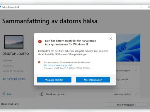 Datorhälsokontroll visar att datorn inte uppfyller kraven för Windows 11, men du kan fortsätta få uppdateringar för Windows 10.