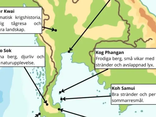 En karta över Thailand, liknande en Google Maps-vy, visar sevärdheter som River Kwai, Khao Sok, Koh Phangan och Koh Samui.