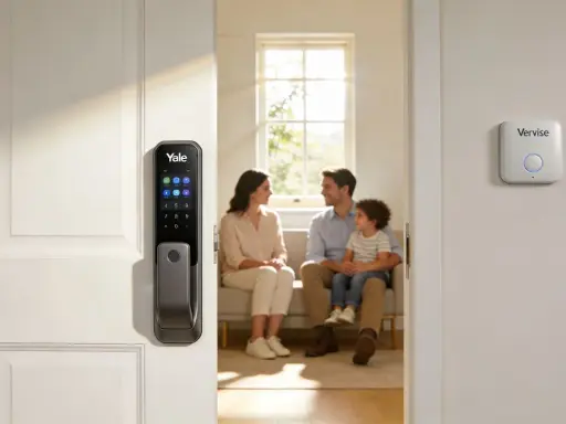 En familj njuter av sitt hem med ett Yale-lås och en Verisure-enhet, som integreras smidigt med Google Home för ökad trygghet.