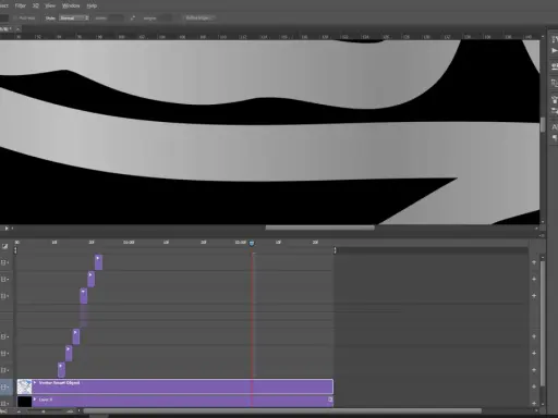 Arbetar med att komprimera GIF i Photoshop. Tidslinjen visar flera lager och keyframes för animationen.
